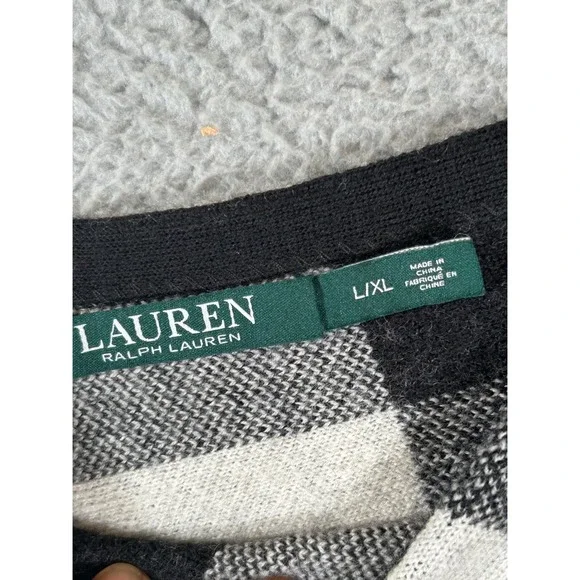 Lauren Ralph Lauren L/XL Black Ivory Plaid Fringe Wool Blend Poncho - Picture 5 of 9